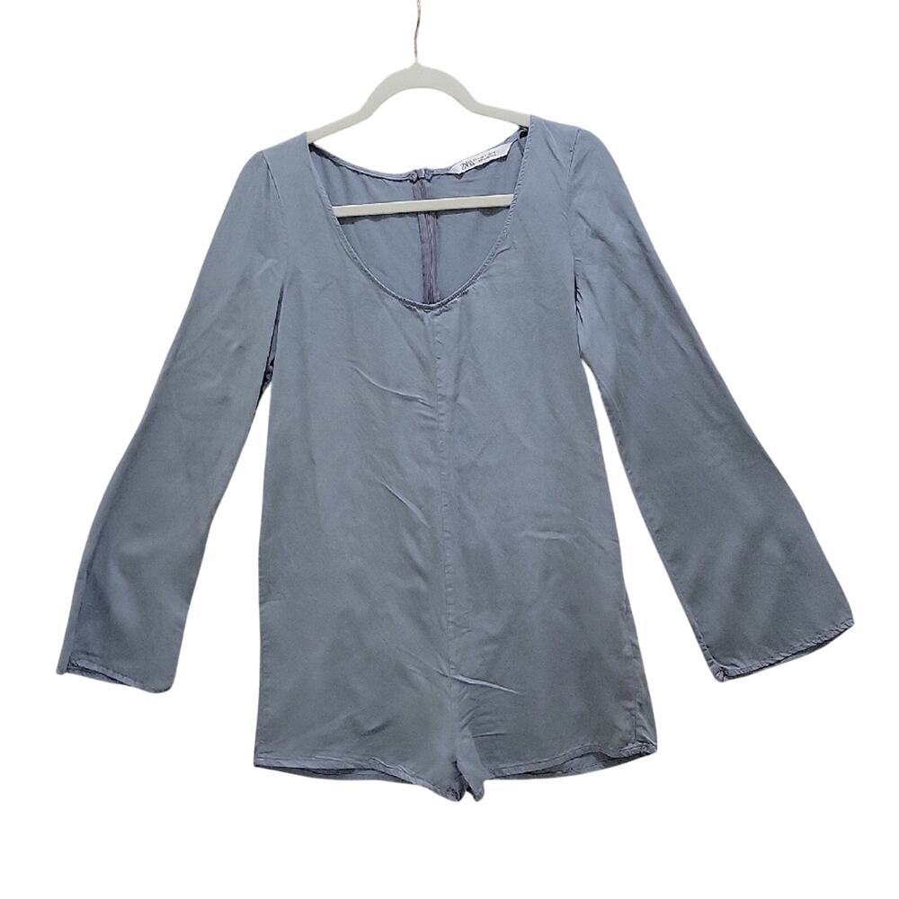 Zara Light Slate Gray Long-Sleeve Shorty Romper Jumpsuit, Womens M, Y2K